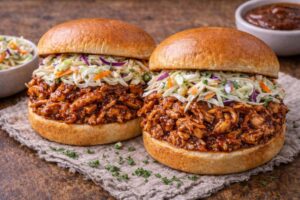 rotisserie chicken bbq sandwich with coleslaw on toasted bun