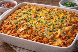 rotisserie chicken enchilada bake with corn tortillas peppers and cheddar cheese