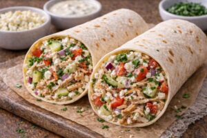 rotisserie chicken greek wrap with cucumber tomato feta and yogurt