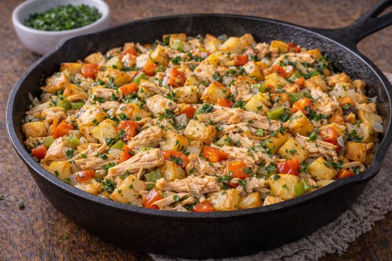 rotisserie chicken potato skillet with peppers onions and parsley