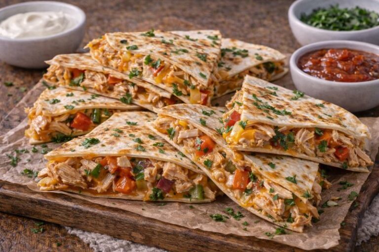 rotisserie chicken quesadillas with peppers onions cheddar cheese and cilantro