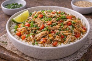 rotisserie chicken rice bowl with peppers onions soy sauce sesame and green onions