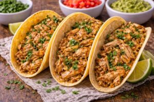 rotisserie chicken tacos with cumin chili powder onion and lime in corn tortillas
