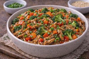 rotisserie chicken teriyaki stir fry with broccoli peppers carrots and green onions
