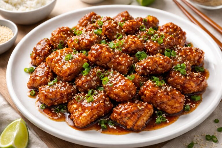 sticky sesame chicken with green onions and sesame seeds on a white plate
