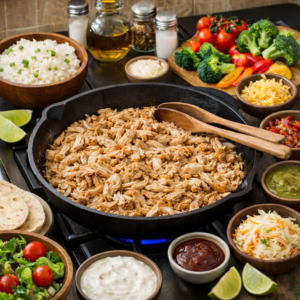 shredded chicken dinner ideas with chicken warming in skillet and ingredients for quick meals