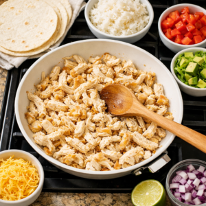 Shredded leftover chicken being stirred in a white skillet on a stovetop with tortillas, rice, and chopped vegetables nearby