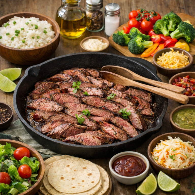 steak dinner ideas with sliced steak reheating in a skillet beside rice tortillas and vegetables