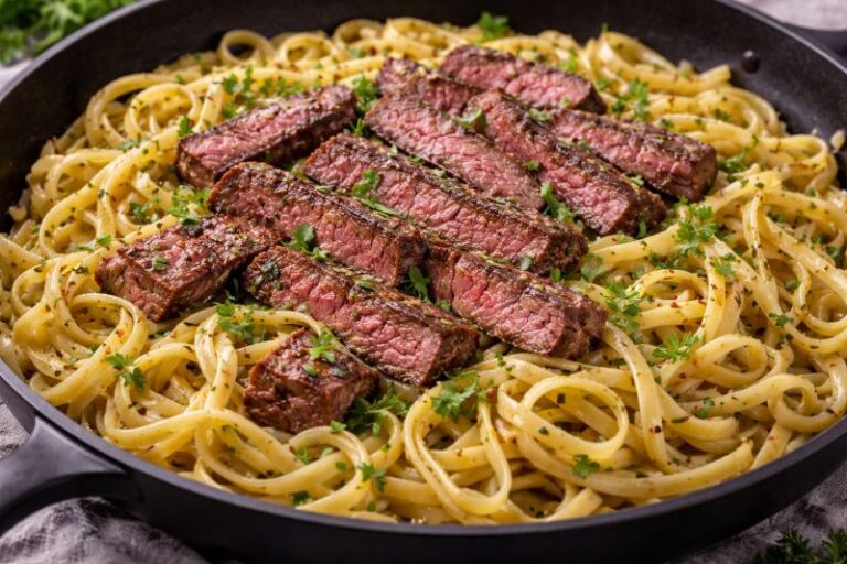 steak garlic pasta with sliced steak garlic sauce and parsley