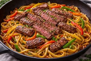 steak noodle stir fry with sliced steak noodles vegetables and soy sauce