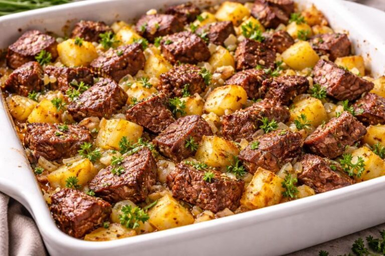 steak and potato casserole with onion garlic and parsley