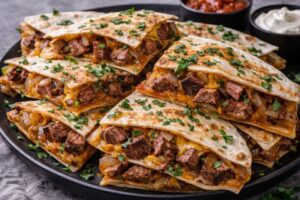 steak quesadillas with sliced steak onions and melted cheddar in tortillas