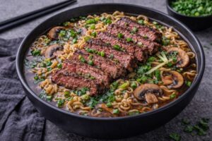 steak ramen soup with sliced steak noodles mushrooms and broth