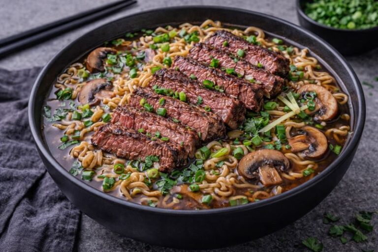 steak ramen soup with sliced steak noodles mushrooms and broth