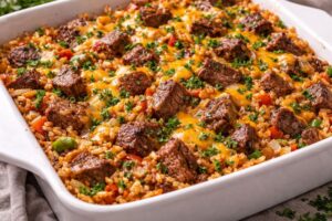steak and rice casserole with peppers onions cheddar and parsley