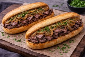 steak sandwich with caramelized onions and sliced steak on toasted rolls