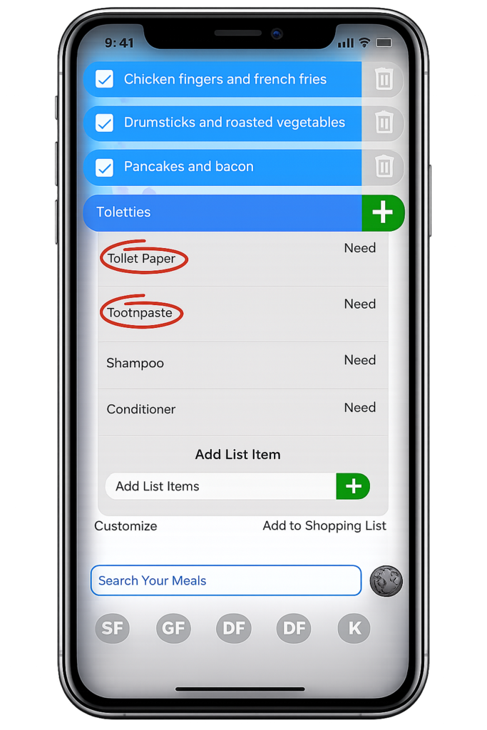 MyGroceryPlan mobile app showing toiletries like toilet paper and toothpaste added to a grocery shopping list inside a smartphone screen