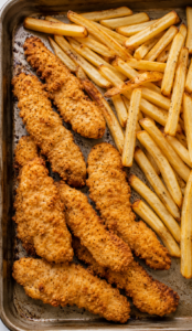Sheet pan with crispy chicken strips and french fries as an easy emergency freezer meal for busy nights