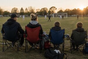 Family sitting on the side of a soccer green watching practice