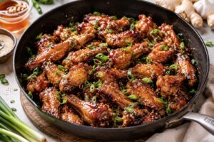 asian glazed chicken wings with garlic ginger glaze and green onions