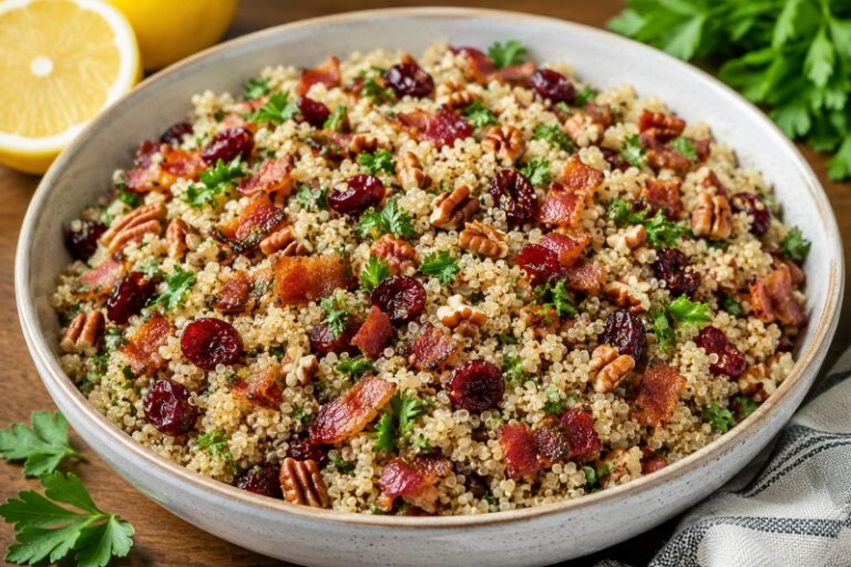 bacon and quinoa salad with cranberries pecans and parsley