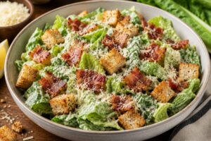 bacon caesar salad with homemade croutons and parmesan