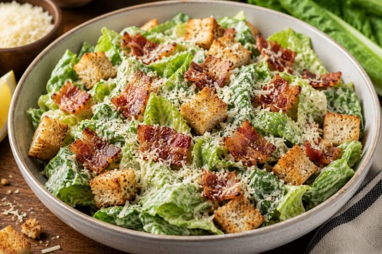 bacon caesar salad with homemade croutons and parmesan