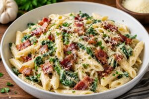 bacon and spinach pasta with creamy garlic sauce and parmesan