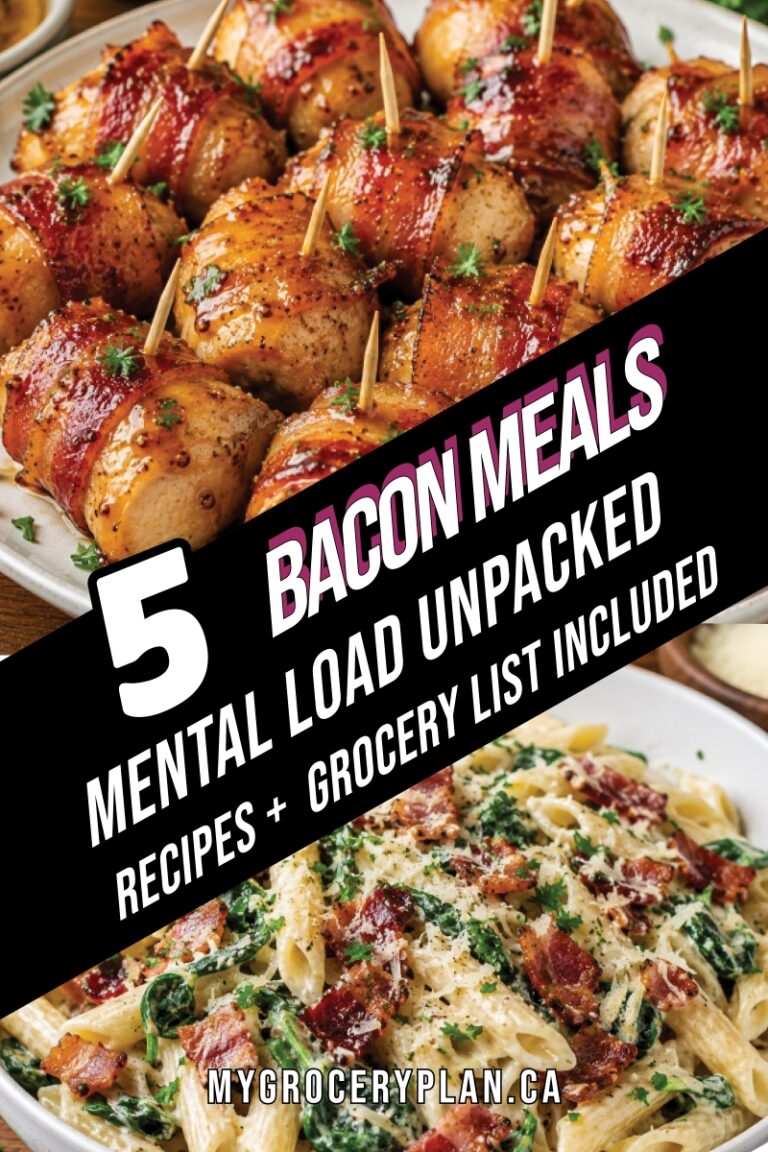 Pinterest graphic promoting a 5 bacon meal plan featuring bacon-wrapped potatoes and creamy bacon pasta with recipes and grocery list included.