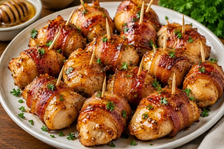 bacon wrapped chicken bites with honey mustard glaze and parsley