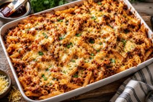 bbq chicken pasta bake with smoked gouda cheese