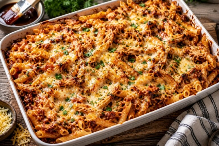 bbq chicken pasta bake with smoked gouda cheese