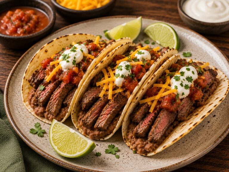 beef tacos with steak cheese salsa and sour cream