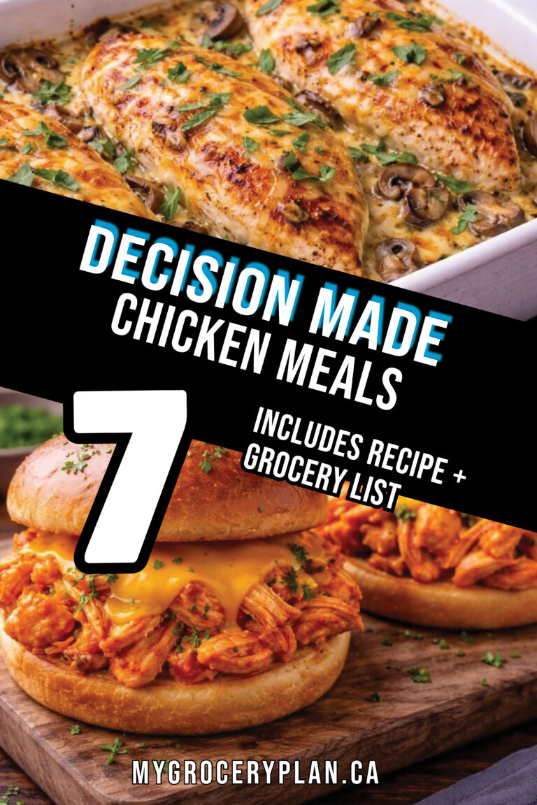 7 chicken meals with recipes and grocery list including creamy baked chicken, shredded chicken sandwiches, and easy family dinner ideas.