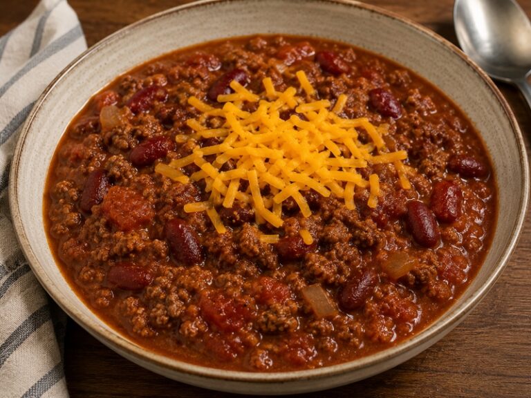 easy beef chili with kidney beans and cheddar cheese