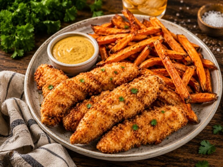 gluten free chicken tenders with honey mustard and sweet potato fries