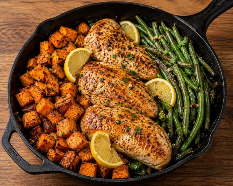 skillet chicken breast with sweet potato and green beans