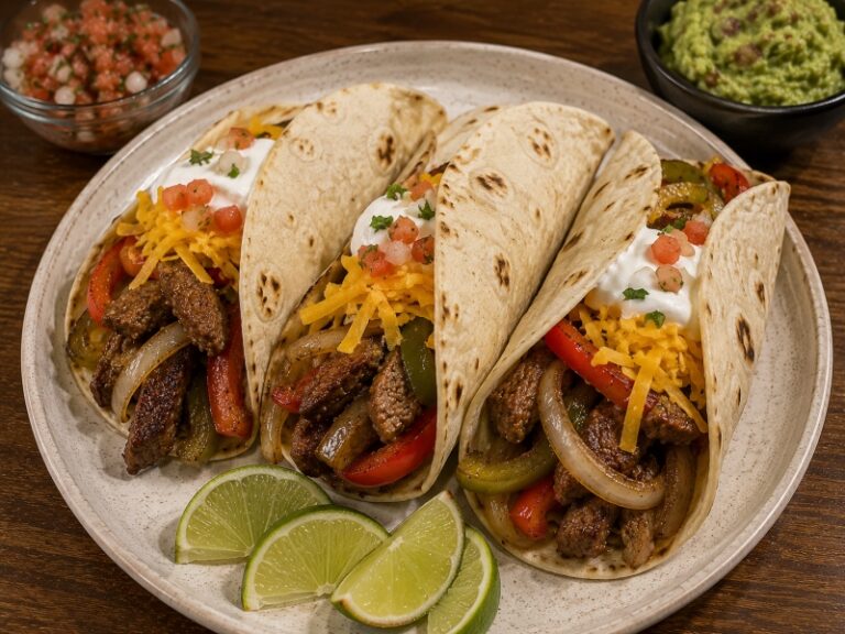 steak fajitas with peppers onions and tortillas