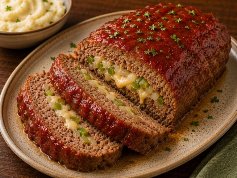 stuffed meatloaf with cheese onions and peppers