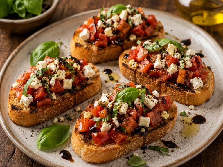tomato feta bruschetta on toasted sourdough bread