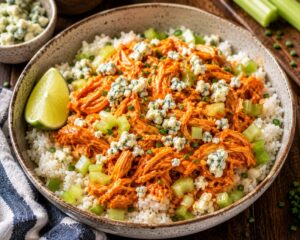 buffalo chicken wing rice bowl with celery and blue cheese