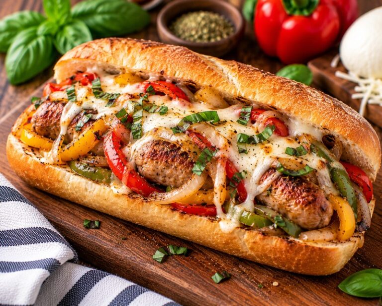 italian sausage sandwich with peppers onions and mozzarella