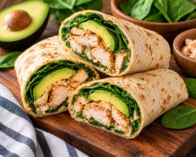 leftover chicken breast wraps with avocado and spinach cut in half