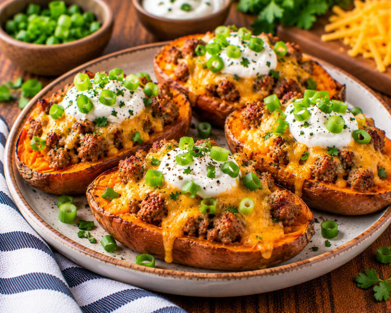 loaded sweet potato skins with breakfast sausage and cheddar