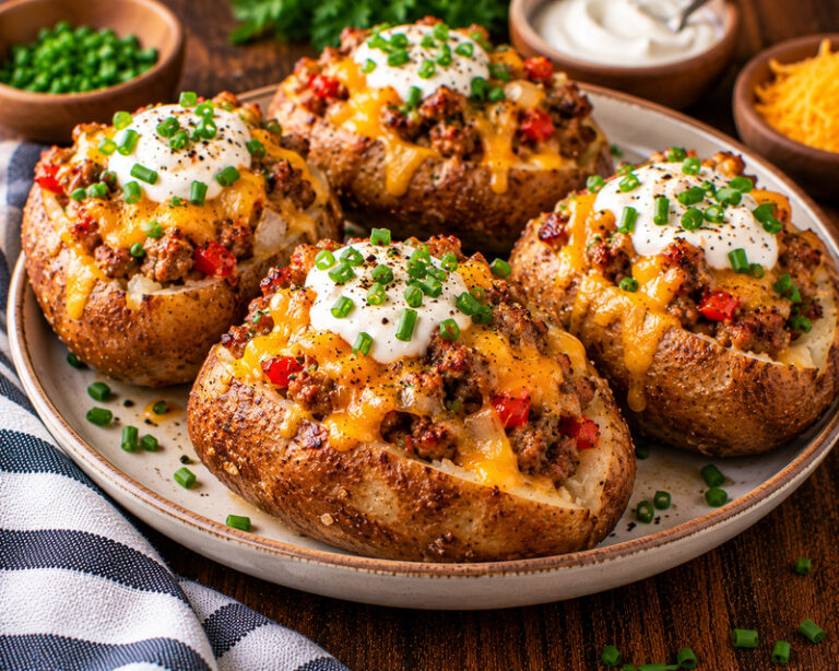 sausage stuffed potatoes with cheddar sour cream and chives