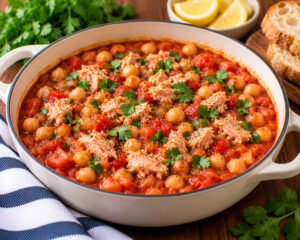 tuna and chickpea stew in a bowl with cilantro