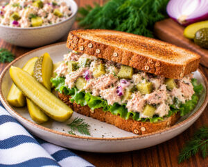 tuna salad sandwich with dill pickles on whole wheat bread