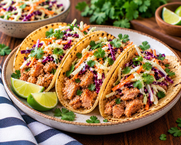 tuna tacos with cabbage slaw in corn tortillas
