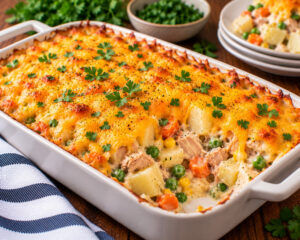 tuna and vegetable casserole with golden cheddar in a baking dish