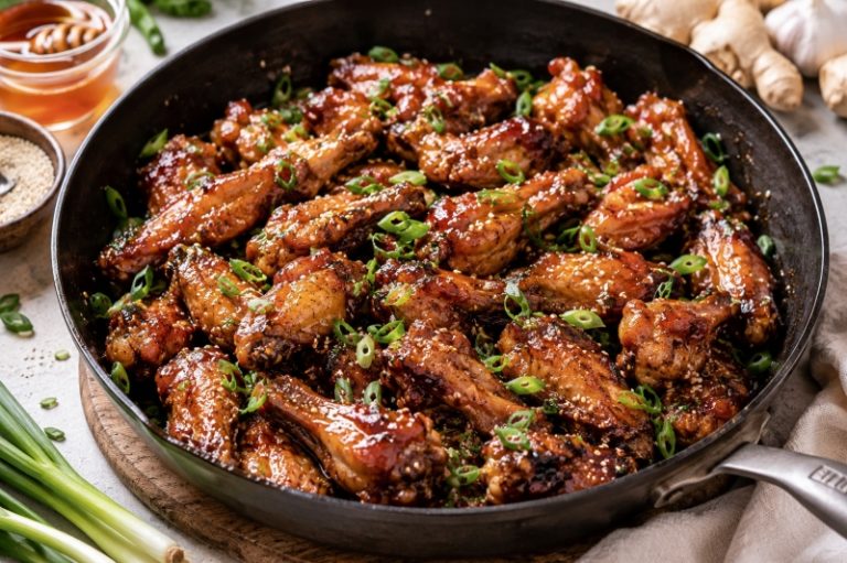 asian glazed chicken wings with garlic ginger glaze and green onions